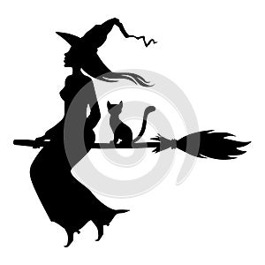 Witch on broom fly silhouette