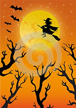 Witch on the broom flying in front of the full moon