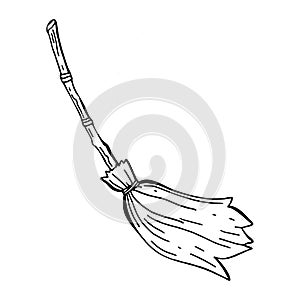 Witch broom object as an old magic broom for the evil wizard as a Halloween graphic element. Monochrome line drawing. Isolated