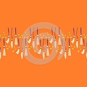 Witch broom vector seamless pattern. Witchy horizontal border for halloween design