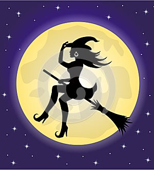 Witch on a broomstick on the background of the moon