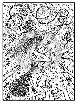 Witch on broomstick. Black and white mystic concept for Lenormand oracle tarot card