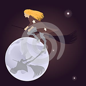 Witch on a broomstick flying halloween holiday moon in the starry sky