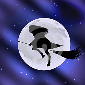 Witch on a broomstick flying halloween holiday moon in the starry sky