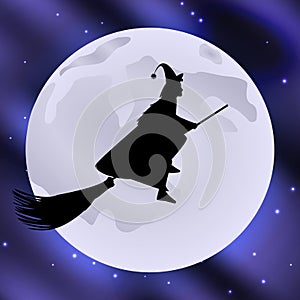 Witch on a broomstick flying halloween holiday moon in the starry sky