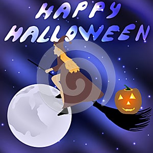 Witch on a broomstick flying halloween holiday moon in the starry sky