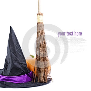 Witch broomstick and hat