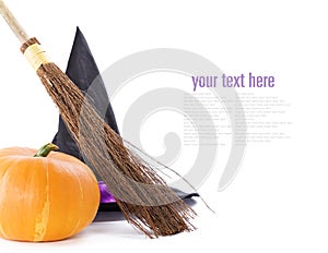 Witch broomstick, pumpkin and hat