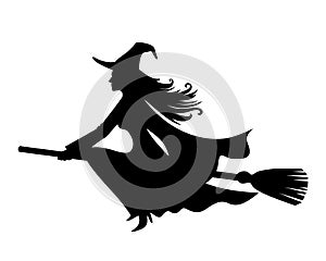 Witch on a broomstick. Vector black silhouette.