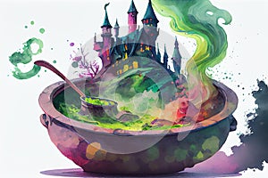 A witch bubbling cauldron, wizardry and magic, generative ai illustration photo