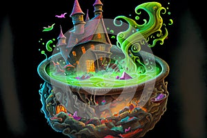 A witch bubbling cauldron, wizardry and magic, generative ai illustration photo