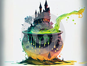A witch bubbling cauldron, wizardry and magic, generative ai illustration photo