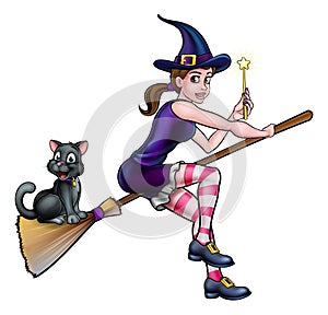 Witch and Cat on Broomstick with Magic Wand