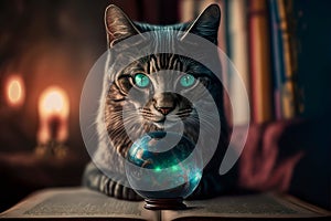 Witch cat with crystal ball and magic spell book . Generative AI