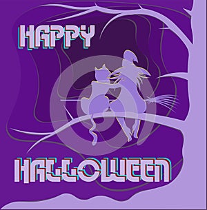 Witch with a cat on a tree branch in front of the portal happy halloween creative logo, postcard