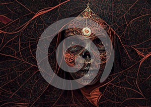 Witch Caught in a Red Spider Web. Halloween Vintage Background. Occult, Esoteric, Divination and Wicca Conce