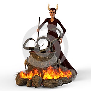 Witch with cauldron, 3D Illustration