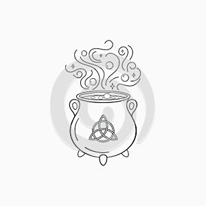 Witch cauldron with bubbling liquid. Magic symbol cauldron , monochrome vector illustration, isolated on white