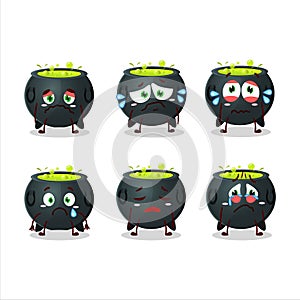 Witch cauldron cartoon character with sad expression