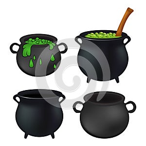 Witch cauldron empty and with green potion, bubbling witches brew set. Realistic Vector illustration isolated on white background.