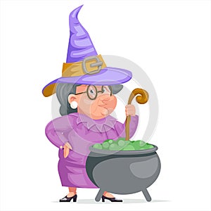 Witch with cauldron granny cartoon character adult design vector illustration