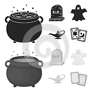 A witch cauldron, a tombstone, a ghost, a gin lamp.Black and white magic set collection icons in black,monochrome style