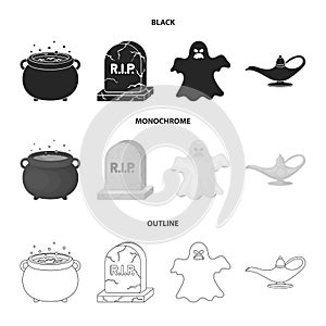 A witch cauldron, a tombstone, a ghost, a gin lamp.Black and white magic set collection icons in black,monochrome