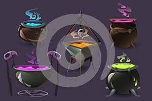 Witch cauldrons with boiling magic potions