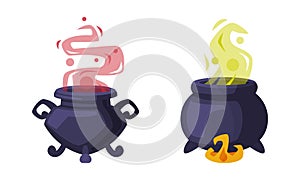 Witch cauldrons with boiling potion. Witchcraft attributes, halloween objects cartoon vector illustration