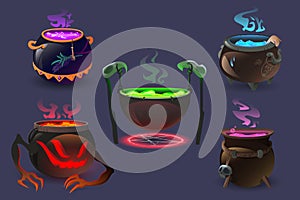 Witch cauldrons with magic potions and elixir