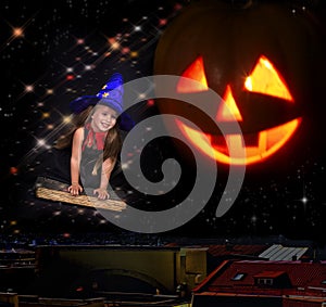 Witch child flying on book.