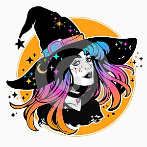 Witch with colorful hair and black classic hat