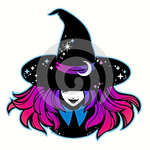 Witch with colorful hair and black hat