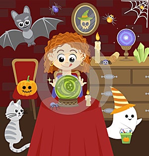 Witch is conjuring by magic crystal ball. Halloween cartoon interior. Soothsayer. Flat, vector