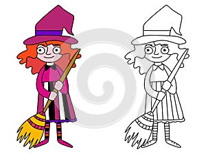 Witch costumed girl with broom, witch hat vector coloring page