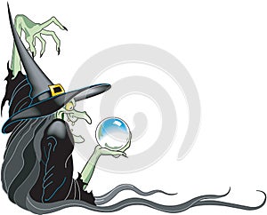 Witch and Crystal Ball Border Vector Cartoon Illustration