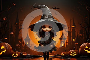 Witch and dark castle haunted in moonlight forest at night , Halloween festival pumpkins background.