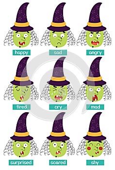 Witch emotions set. Big set of cartoon faces. Halloween character expressing emotions collection