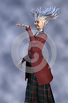 Witch or fairy godmother style female character standing with one hand raised in a spell casting pose