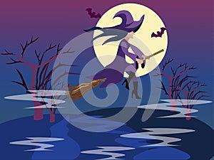 Witch flies on a broomstick, coven. Fantasy halloween. In minimalist style. Cartoon flat raster