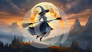 witch flying on a broom at full moon