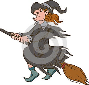Witch Flying on the Broom. Halloween Illustration