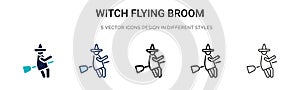 Witch flying broom icon in filled, thin line, outline and stroke style. Vector illustration of two colored and black witch flying