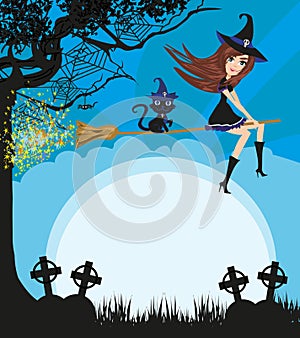 Witch flying on a broom in moonlight - frame