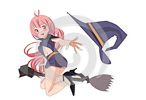 Witch flying on a broomstick catching a hat- transpartent background