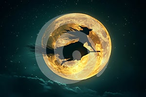 Witch flying on a broomstick in front of a moon on halloween night