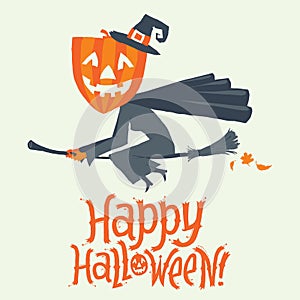 A Witch flying on a broomstick. Happy Halloween postcard, poster, background or party invitation. Vector illustration.