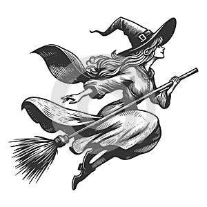 Witch Flying on Broomstick raster illustration