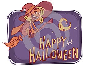 Witch flying on her broom on bight background with funny moon. Vector illustration for Halloween poster or party invitation