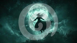 Witch flying on broomstick in front of moon.
